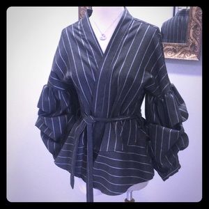 Gray pinstriped wrap jacket